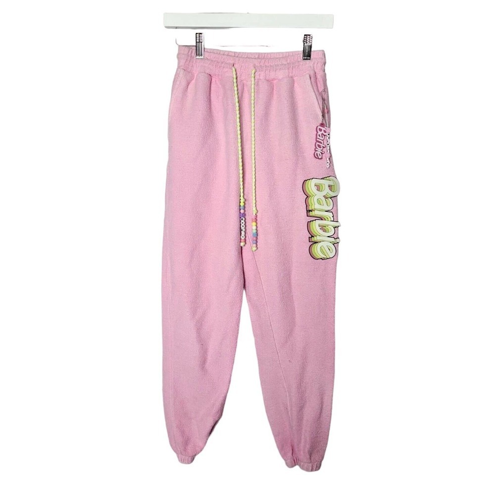 FOREVER 21 Pink Barbie Graphic Beaded French Terry Joggers Womans Size Small - Picture 2 of 10